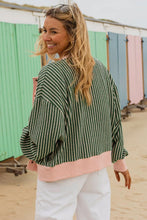 Load image into Gallery viewer, Green Stripe Striped V Neck Patchwork Long Sleeve Regular Fit Cardigan
