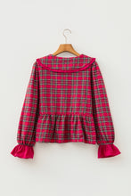 Load image into Gallery viewer, Red Plaid Tie Neck Ruffle Cuffs Long Sleeve Shift Blouse