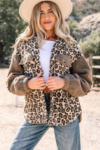 Load image into Gallery viewer, Brown Sherpa Leopard Print Flap Pocket Collared Button Up Jacket