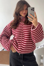 Load image into Gallery viewer, Red Stripe Striped High Neck Zip-up Sweater Long Sleeve Casual Fit Drop Shoulder Open Front Cardigan