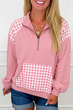 Load image into Gallery viewer, Coffee Patchwork Plaid Pocket Quarter Zip Sweatshirt
