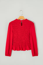Load image into Gallery viewer, Bright Green Solid Color Smocked Ruffle Hem Long Sleeve Blouse
