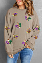 Load image into Gallery viewer, Khaki Mardi Gras Sequin Crown Fleur De Lis Corded Sweatshirt