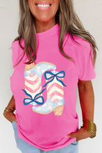 Load image into Gallery viewer, Sachet Pink Flag Pattern Boots Bow Accent Casual Graphic Tee