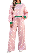Load image into Gallery viewer, Pink Polka Dot Contrast Trim Long Sleeve Top Drawstring Shift Pants Set
