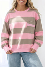 Load image into Gallery viewer, Pink Stripe Raw Seam Patchwork Drop Shoulder Plus Size Sweatshirt