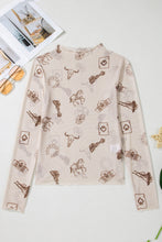 Load image into Gallery viewer, Beige Floral Print Slim Fit Mesh Long Sleeve Mock Neck Top