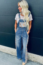 Load image into Gallery viewer, Peacock Blue Floral Patchwork Bib Denim Wide Leg Overalls