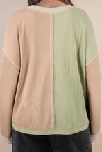 Load image into Gallery viewer, Green Plus Mixed Texture Color Block Patchwork V Neck Long Sleeve Top