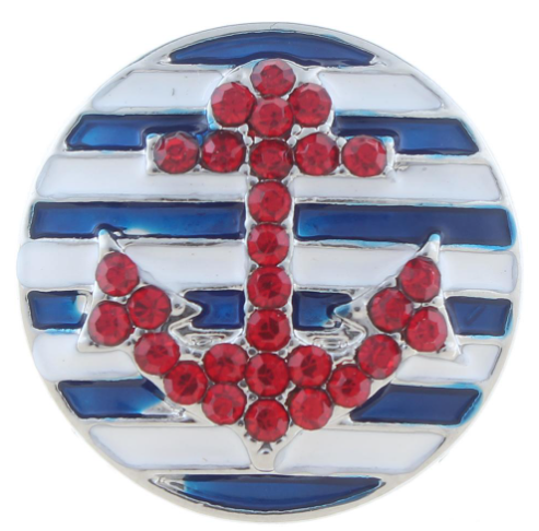 20 MM Silver Tone Blue White Strip Enamel Red Rhinestone Anchor Snap