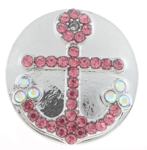 20 MM Silver Plated Pink Anchor and Iridescent Rhinestone Snap