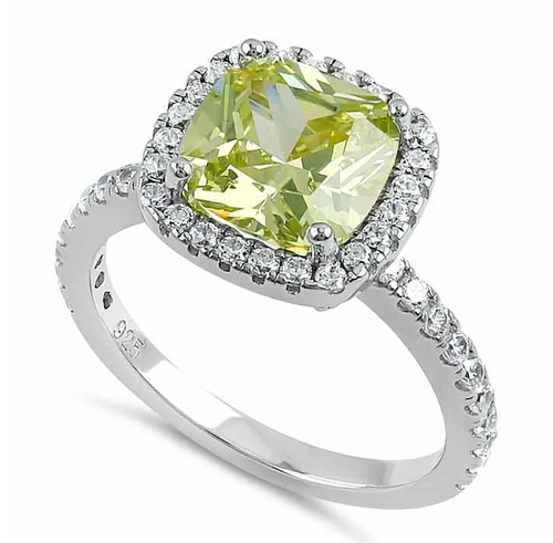925 Sterling Silver Cushion Cut Apple Green CZ Ring