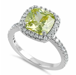 925 Sterling Silver Cushion Cut Apple Green CZ Ring