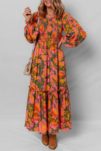 Load image into Gallery viewer, Chestnut Floral Puff Sleeve Smocked Bodice Ruffled Long Dress