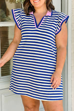 Load image into Gallery viewer, Dark Blue Striped Shift Dress Colorblock V Neck Short Sleeve Casual Summer