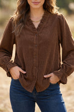 Load image into Gallery viewer, Coffee Solid Color Ruffle Trim V Neck Long Sleeve Button Corduroy Shakcet