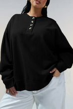 Load image into Gallery viewer, Black Solid Button Placket Crew Neck Plus Size Sweatshirt