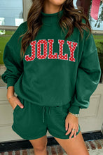 Load image into Gallery viewer, Dark Green Christmas Slogan Print Mock Neck Pullover and Shorts Set