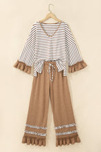 Load image into Gallery viewer, Gray Stripe V Neck Ruffle Contrast Sleeve Top Drawstring Pants 2pcs Set
