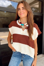 Load image into Gallery viewer, Brown Stripe Striped Colorblock Knit V Neck Short Sleeve Loose Sweater
