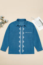 Load image into Gallery viewer, Blue Embroidered Corduroy V-Neck Long Sleeve Plus Size Shirt