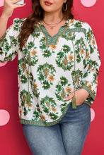 Load image into Gallery viewer, Green Plus Size Floral Printed Contrast Patchwork Detail Tassel Tie 3/4 Sleeve Blouse