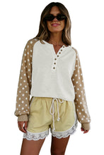 Load image into Gallery viewer, Khaki Polka Dot Contrast Long Sleeve Button V Neck Sweater