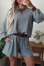 Load image into Gallery viewer, Blue Stripe Oversized Long Sleeve Top Drawstring Loose Shorts 2pcs Set
