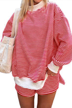 Load image into Gallery viewer, Red Stripe Oversize Mock Neck Sweatshirt and Shorts Set