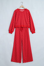 Load image into Gallery viewer, Red Polka Dot Drawstring Wide Leg Long Sleeve Top Pant Set
