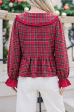 Load image into Gallery viewer, Red Plaid Tie Neck Ruffle Cuffs Long Sleeve Shift Blouse