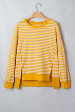 Load image into Gallery viewer, Pink Stripe Textured Knit Color Block Trim Split Hem Long Sleeve Top
