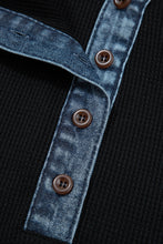Load image into Gallery viewer, Black Plus Size Textured Contrast Denim Patchwork Button Polo Tee