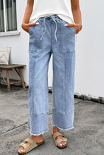 Load image into Gallery viewer, Prussian Blue Drawstring Seam Detail Raw Hem Wide Leg Denim Pants