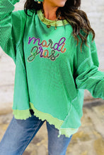 Load image into Gallery viewer, Bright Green Twisted Ribbed mardi gras Sequin Graphic Exposed Seam Patchwork Pullover Top