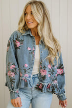 Load image into Gallery viewer, Sky Blue Floral Print Raw Seam Ruffle Hem Denim Jacket
