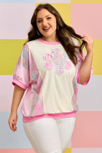 Load image into Gallery viewer, Beige Plus Size Floral Patchwork Short Sleeve Patch Embroidery Cotton T Shirt