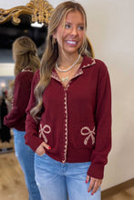 Load image into Gallery viewer, Burgundy Bow Pocket Collar Long Sleeve Knit Cardigan