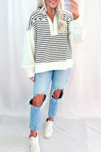 Load image into Gallery viewer, White Stripe Color Block Long Puff Sleeve Metal Zip-Up Collar Top