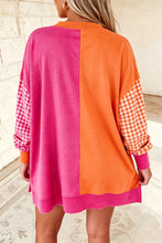 Load image into Gallery viewer, Rose Red Colorblock Gingham Sleeve Crewneck Sweatshirt