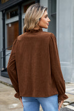 Load image into Gallery viewer, Coffee Solid Color Ruffle Trim V Neck Long Sleeve Button Corduroy Shakcet