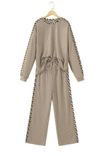 Load image into Gallery viewer, Simply Taupe Cozy Ribbed Patchwork Leopard Trim Long Sleeve 2pcs Pant Set