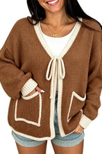 Load image into Gallery viewer, Apricot Contrast Trim V-Neck Tie Front Loose Sweater Cardigan