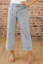 Load image into Gallery viewer, Sky Blue Stripe Button Flap Pocket Cuffed Hem Wide Leg Jeans