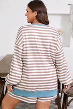 Load image into Gallery viewer, Khaki Stripe Contrast Edge Drop Shoulder Pullover and Shorts Plus Size Set