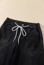 Load image into Gallery viewer, Black Drawstring Waist Ankle Length Casual Jeans Regular Fit Pocket Detail Denim Pants