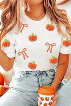 Load image into Gallery viewer, White Sequin Chenille Pumpkin Bow Pattern Casual Short T Shirt