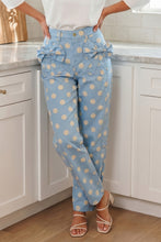 Load image into Gallery viewer, Sky Blue Polka Dot Print Bow Detail Pocketed Barrel Jeans