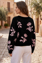 Load image into Gallery viewer, Black Floral Pattern Puff Sleeve Dropped Shoulder Pullover Sweater