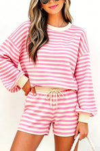 Load image into Gallery viewer, Pink Striped Long Sleeve Crew Neck Drawstring Waist Shorts Set